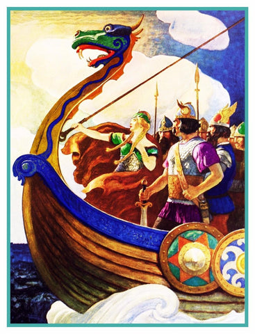 N.C. Wyeth Viking Ship Queen Astrid Counted Cross Stitch Chart Pattern