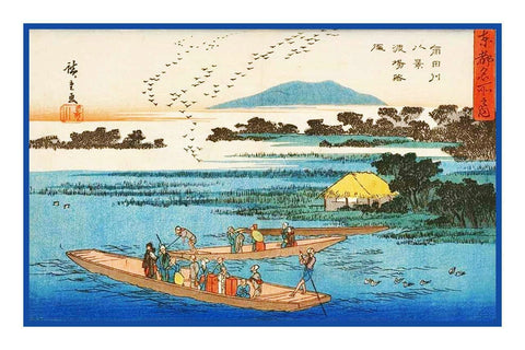 Japanese Artist Hiroshige Boats Geese at Hashiba Counted Cross Stitch Pattern