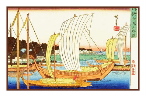 Japanese Hiroshige Boats at Tsukuda Island Counted Cross Stitch Pattern