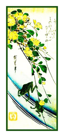 Japanese Hiroshige Rose Flowers and Frog Asian Counted Cross Stitch Pattern