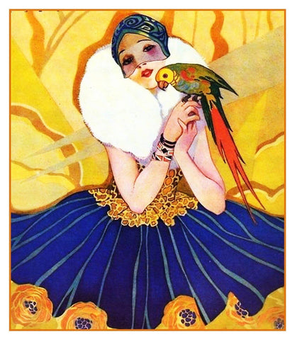Art Deco Flapper Woman with a Parrot Bird Counted Cross Stitch Pattern
