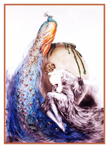 Art Deco Woman with Peacock Louis Icart  Counted Cross Stitch Pattern