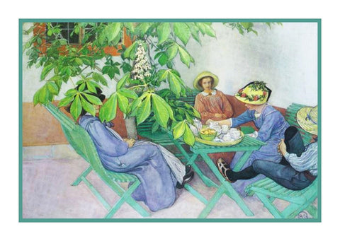 Tea in Garden Chestnut Tree Swedish Carl Larsson  Counted Cross Stitch Pattern