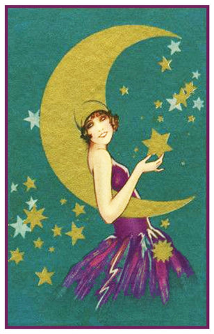 Vintage Art Deco Woman Purple Dress Moon Hat Counted Cross Stitch Pattern