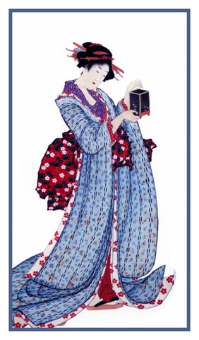 Asian Hokusai Japanese Kimono Woman Lantern Counted Cross Stitch Pattern