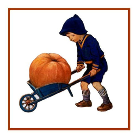 Young Boy Moving a Pumpkin In His WheelbarrowBy Jessie Willcox Smith Counted Cross Stitch Pattern