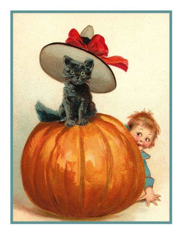 Victorian Halloween Black Cat with Hat on Pumpkin with Child Counted Cross Stitch Pattern