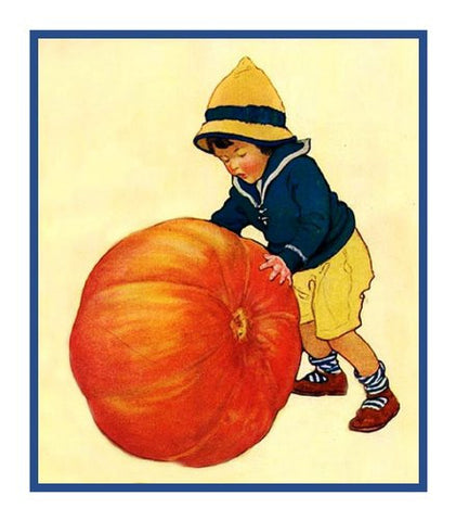 Young Boy Rolling a Pumpkin By Jessie Willcox Smith Counted Cross Stitch Pattern