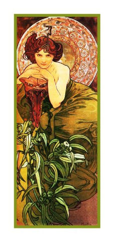 Precious Stones Emerald by Alphonse Mucha Counted Cross Stitch Pattern