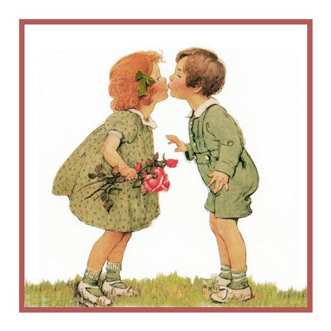Boy and Girl Exchanging A Kiss By Jessie Willcox Smith Counted Cross Stitch Pattern