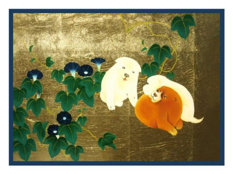Morning Glories and Puppies by Japanese artist Maruyama Okyo Counted Cross Stitch Pattern
