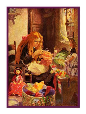 Little Girl Making Dresses for Her Dolls By Jessie Willcox Smith Counted Cross Stitch Pattern