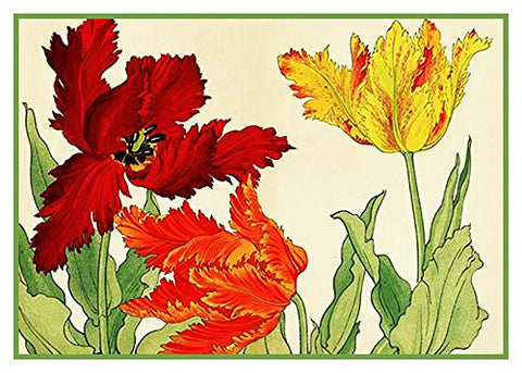Tanigami Konan Asian Parrot Tulip Flowers Counted Cross Stitch Pattern
