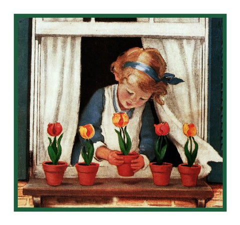 Young Girl Watering Her Window Box Flowers By Jessie Willcox Smith Counted Cross Stitch Pattern