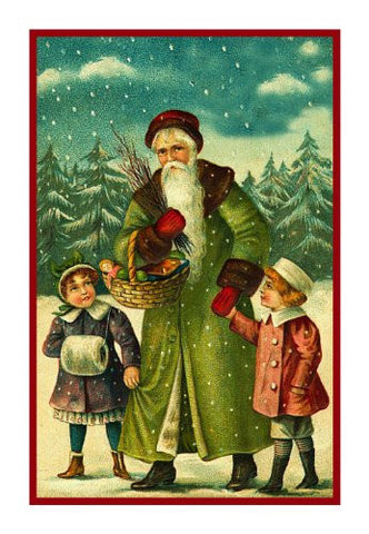 Victorian Father Christmas Santa With Small Children in the Snow Counted Cross Stitch Pattern