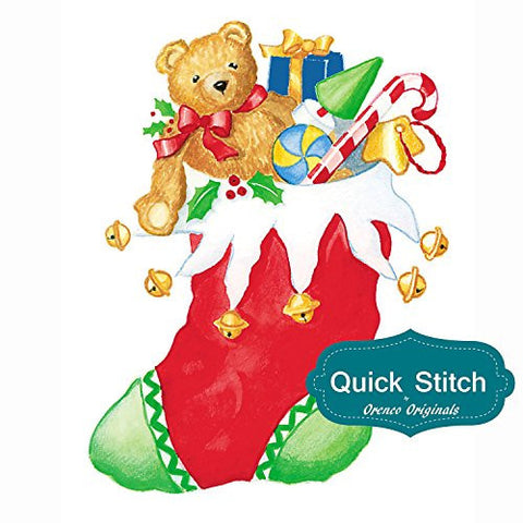 Quick Stitch Country Christmas Stocking with Teddy Bear Counted Cross Stitch Pattern