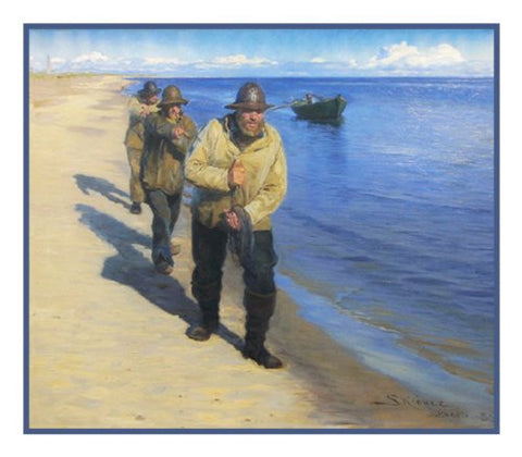 Scandinavian Artist Peder Severin KrÃ¸yers painting of Fishermen Pulling a Boat on the Beach Counted Cross Stitch Pattern