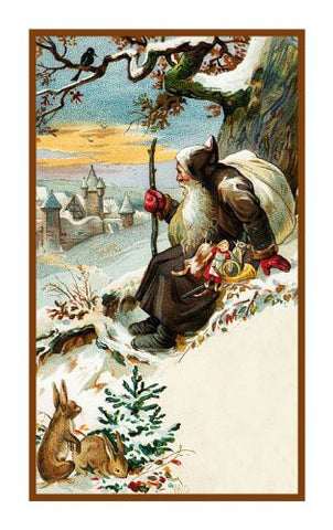 Victorian Father Christmas Naturalist Santa Delivering Presents with Rabbits in the Snow Counted Cross Stitch Pattern