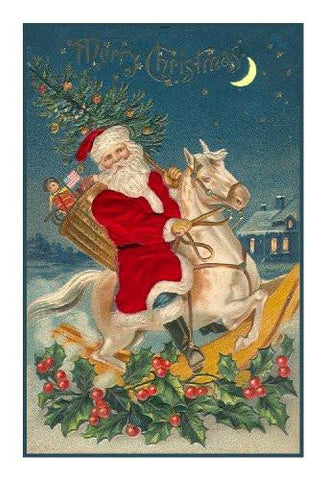 Victorian Father Christmas Santa Riding A Rocking Horse Counted Cross Stitch Pattern DIGITAL DOWNLOAD