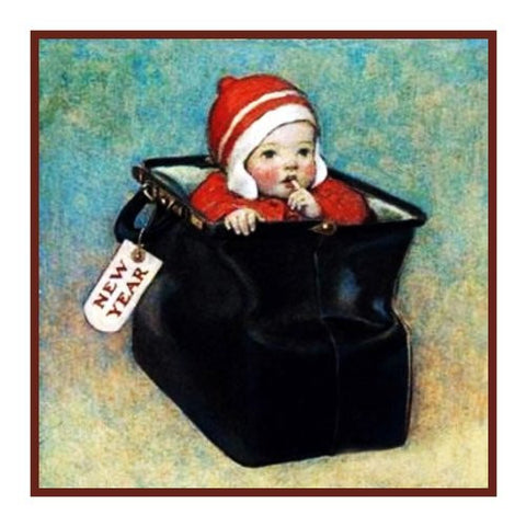 Cute New Years Baby in a Bag By Jessie Willcox Smith Counted Cross Stitch Pattern