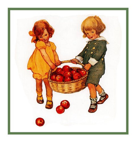 Young Boy and Girl Carry a Bushel of Apples By Jessie Willcox Smith Counted Cross Stitch Pattern