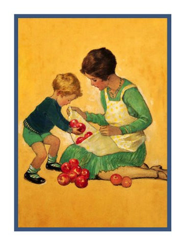 Young Boy and Mom Collect Apples By Jessie Willcox Smith Counted Cross Stitch Pattern