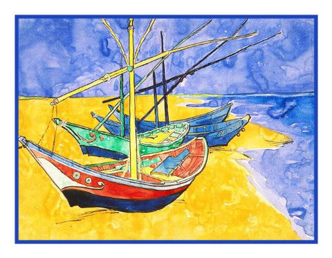 Sailboats on the Beach in Saintes Maries inspired by Impressionist Vincent Van Gogh's Painting Counted Cross Stitch Pattern