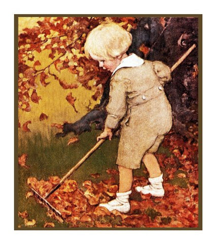 Young Boy Raking Leaves By Jessie Willcox Smith Counted Cross Stitch Pattern