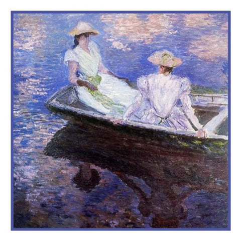 Young Girls in a Row Boat inspired by Claude Monet's impressionist painting Counted Cross Stitch Pattern