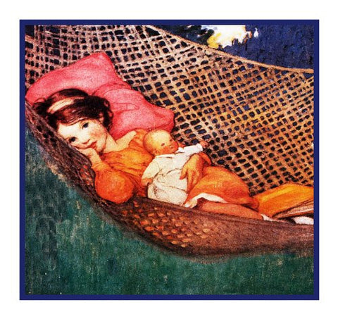 Young Girl and Doll in The Hammock By Jessie Willcox Smith Counted Cross Stitch Pattern