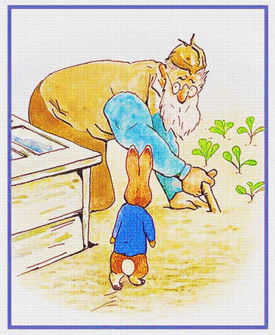 Farmer McGregor and Peter in the Garden inspired by Beatrix Potter Counted Cross Stitch Pattern