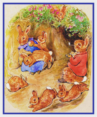 Bunny Rabbits Enjoy Family Time inspired by Beatrix Potter Counted Cross Stitch Pattern