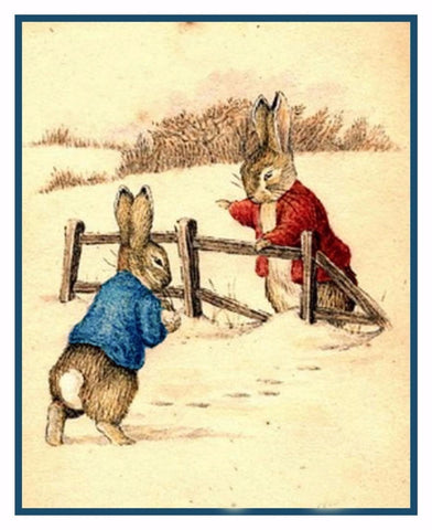 Peter Ben Rabbit Snow Ball Fight inspired by Beatrix Potter Counted Cross Stitch Pattern
