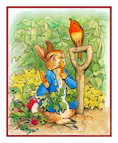 Peter Rabbit Digs in Garden inspired by Beatrix Potter Counted Cross Stitch Pattern