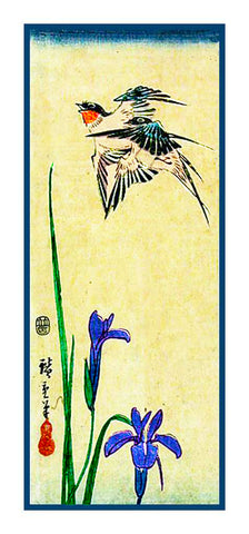Japanese Hiroshige Swallow Bird Iris Flower Counted Cross Stitch Chart Pattern