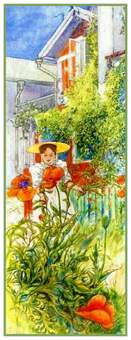 Girl in a Bonnet with Poppies by Swedish Artist Carl Larsson Counted Cross Stitch Pattern