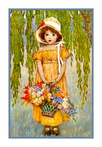 Young Girl Dressed in Yellow with Flower Basket By Jessie Willcox Smith Counted Cross Stitch Pattern