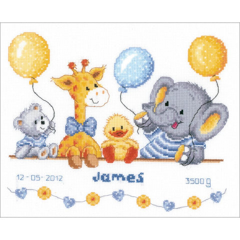 Animals Balloons Baby Party Shower Birth Record Vervaco Counted Cross Stitch Kit 10.75