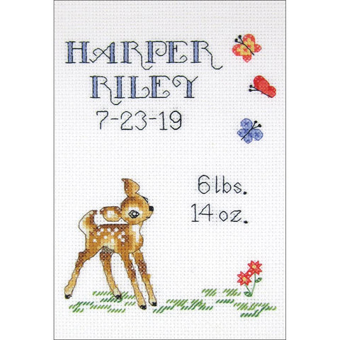 Baby Deer Sampler (14 Count) Birth Record  by Janlynn Counted Cross Stitch Kit 5 by 7 inches