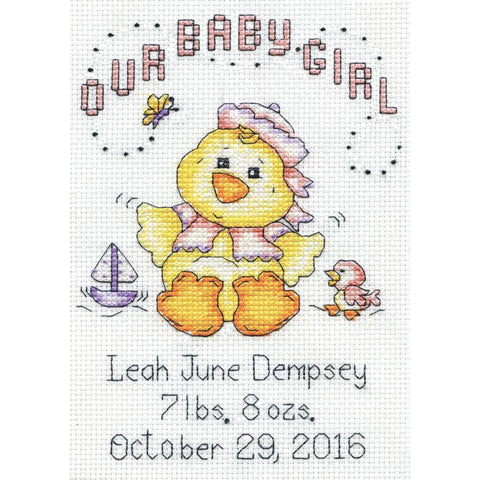 Our Baby Girl Chick Birth Record by Design Works Counted Cross Stitch Kit 5x7 inches