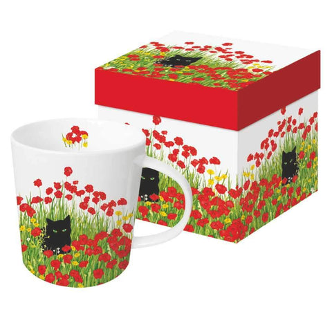Black Cat Poppies Gift-Boxed Mug by Contemporary Artist Sue Boettcher from PPD