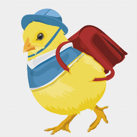 Colorful Baby Chick Blue Hat on a Trip  Counted Cross Stitch Pattern