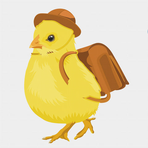Colorful Baby Chick Brown Hat on a Trip  Counted Cross Stitch Pattern