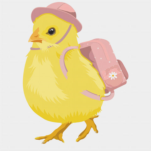 Colorful Baby Chick Pink Hat on a Trip  Counted Cross Stitch Pattern