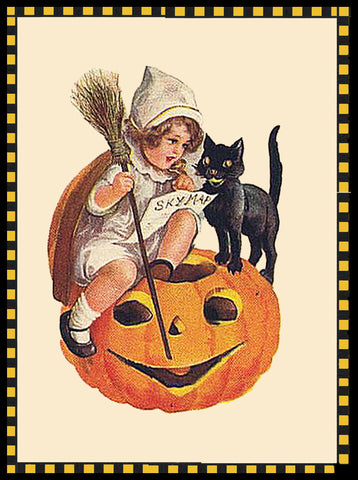 Victorian Halloween Young Girl and Black Cat Sitting on a Pumpkin Counted Cross Stitch Pattern DIGITAL DOWNLOAD
