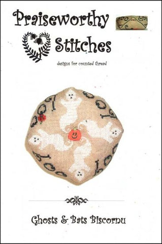 Ghost & Bats Biscornu by Praiseworthy Stitches Counted Cross Stitch Pattern