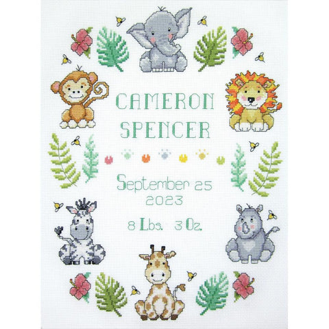 In The Jungle Birth Sampler by Design Works Counted Cross Stitch Kit 11 by 14 Inches