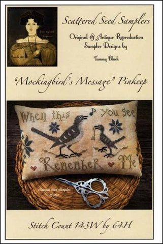 Mockingbird's Message Pinkeep  by Scattered Seed Samplers Counted Cross Stitch Pattern