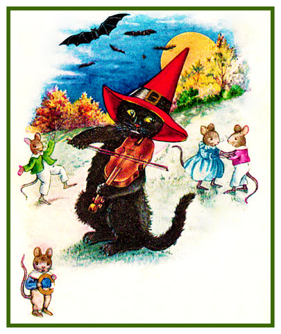 Fiddling Black Cat Halloween Counted Cross Stitch Pattern