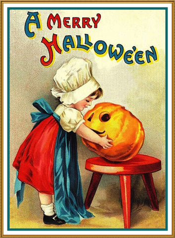 Little Girl Carving a Pumpkin Halloween Ellen Clappsaddle Counted Cross Stitch Pattern